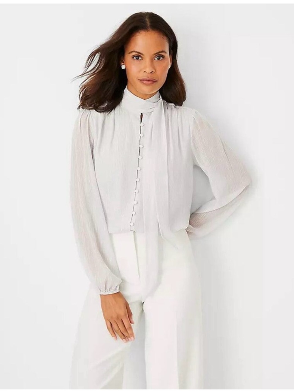 NWT Ann Taylor Metallic Dobby Stripe Bow Blouse Silver Gold Cream Large
